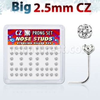 nszbc25 box of silver nose studs with 2 5mm clear prong set cz