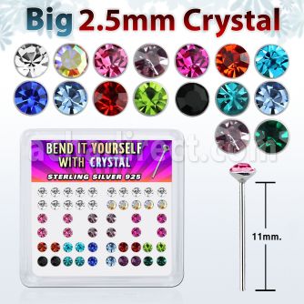 ny19mx box of silver bend it nose studs w 2 5mm crystal tops