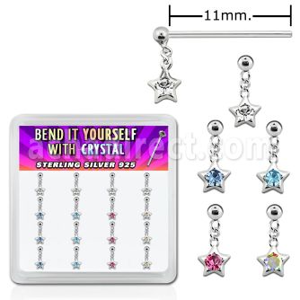 nyds16 silver bend it nose studs w star crystal star