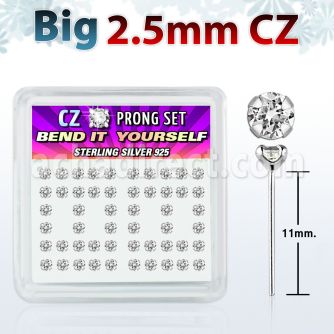 nyzbc25 silver bend it nose studs w big 2 5mm clear prong set cz