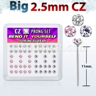 nyzbm25 silver bend it nose studs with 2 5mm prong set cz