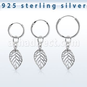 phod43 silver helix hoop earring w a silver leaf dangling