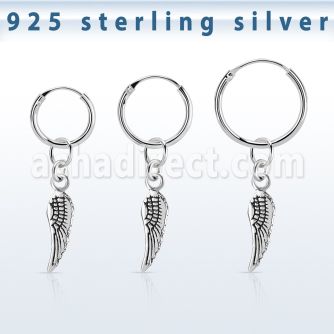phod44 silver helix hoop earring w a silver bird wing dangling