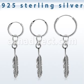phod47 silver helix hoop earring w a silver feather dangling