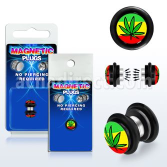 pkmp71 acrylic magnetic fake plug with green marijuana on rasta