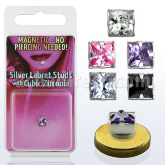 pkmq4m silver magnetic fake labret stud with square prong cz