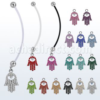 pnd668 pregnancy belly ring w dangling crystal studded hamsa 