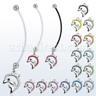 pnd672 pregnancy belly ring w dangling crystal studded dolphin 