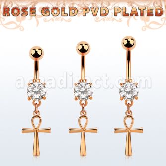 rose gold steel belly banana w cz & dangling ankh cross 