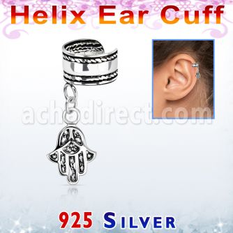 silver helix ear cuff w a rope edge w a hamsa dangling