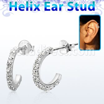 silver helix ear stud w curved crystals tops