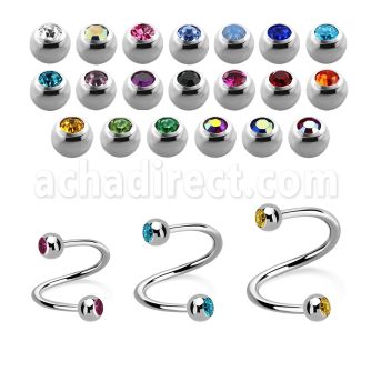 spe2c4 316l steel eyebrow spiral w two 4mm bezel set jewel ball