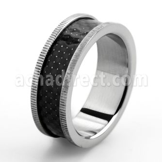 sr187 stainless steel ring with black inlay grooved edges