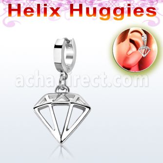 stainless steel huggie w a diamond shaped dangling