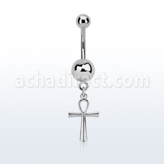 steel belly banana 14g w a dangling ankh cross 