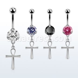 steel casting belly banana w cz & a dangling ankh cross 