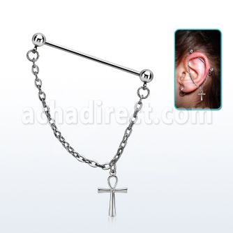 steel industrial barbell  w chain & dangling ankh cross 