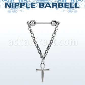 steel nipple barbell w chain & dangling ankh cross 