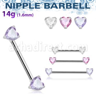 steel nipple barbell w forward facing heart shaped cz
