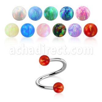 surgical steel spiral 18g w two 3mm synthetic opal balls