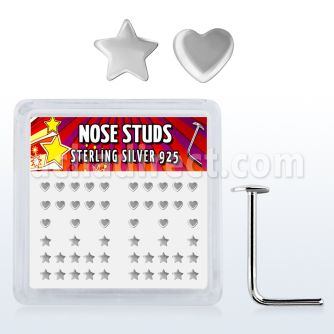 sxvhs box of silver nose studs with 2 5mm heart star top
