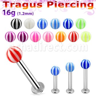 tlbbeb3 316l steel tragus labret 16g w a 3mm uv beach ball 
