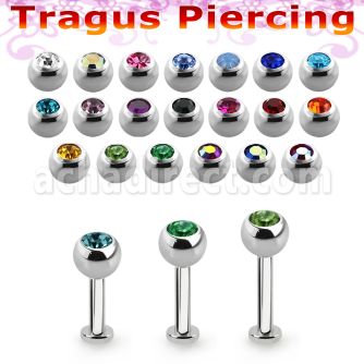 tlbc4s 316l steel tragus labret 16g w 4mm bezel set jewel ball