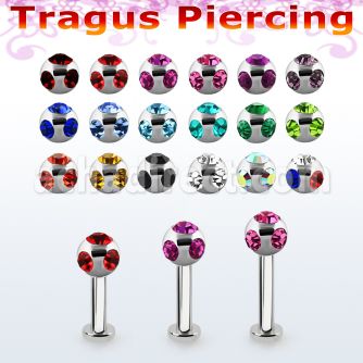 tlbca4 316l steel tragus labret 16g w 4mm multi jewel ball 