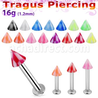 tlbckcn3 316l steel tragus labret 16g w a 3mm uv checkered cone 