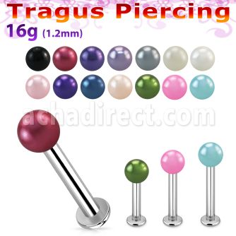 tlbpr3 316l steel tragus labret 16g w a 3mm faux pearl ball