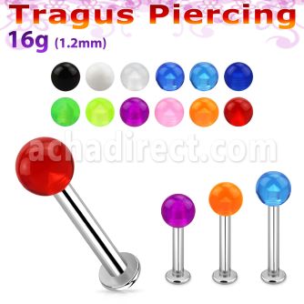 tlbvb4s 316l steel tragus labret 16g w a 4mm acrylic uv ball