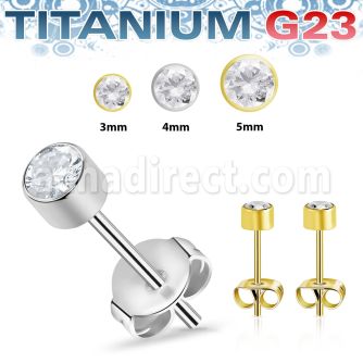 uerbzr titanium g23 ear studs bezel set cz one pair