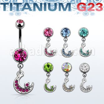 umcd734 titanium g23 belly banana, w a dangling moon w crystals