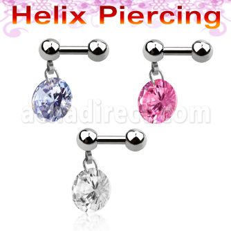 bber15 316l steel helix barbell with dangling round prong cz