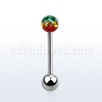 bbfr5r 316l steel tongue barbell with 5mm rasta color crystal