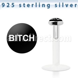 bilg26 labret bio flexible transparente plata esterlina presion 3mm logo palabra bitch blanca fondo negro distribuidor