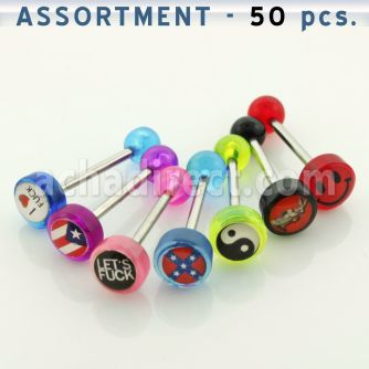 blk158 surtido piercings 50 barbells lengua acero quirurgico acrilica 8mm logos variados bola 6mm 16mm al por mayor
