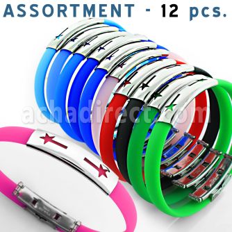 blk165 surtido piercings 12 bracaletes goma colores lisos cierre acero placa logo distribuidor mayorista