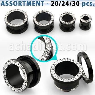 blk505 surtido piercings 20 24 30 dilataciones tunel acero pvd negro multi cristal ferido . distribuidor