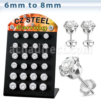 bres11 display 12 pares piercings oreja acero inoxidable zirconia redondas claras 6mm 8mm mayorista