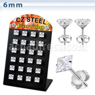 brezq6 display 12 pares piercings oreja acero inoxidable zirconia claras cuadradas 6mm venta