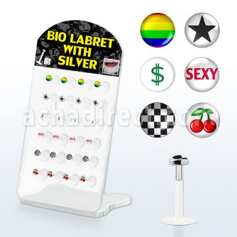 brlbi21 display 24 labrets bio flexibles transparentes plata esterlina presion 3mm logos variados 8mm distribuidor mayorista