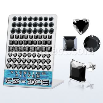 brmshb display 36 pares piercings oreja plata esterlina 925 zirconia negras 6mm 8mm formas corazon distribuidor mayorista