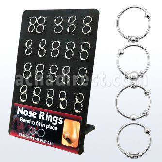 brnhm7 display 40 aros nariz plata 925 0 6mm disenos variados diametro ezterior 10mm al por mayor