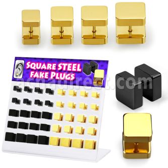dacb132 display acrilico 40 plugs falsos acero quirurgico anodizado negro dorado lados cuadrados distribuidor