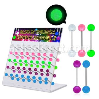 dacb84 display 40 barbells lengua acero quirurgico bolas acrilicas brillan oscuridad 6mm 16mm venta