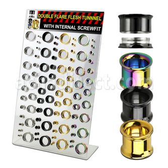 dapg76 display acrilico 88 dilataciones tunel doble flare acero quirurgico pvd negro dorado arco iris tornillo interno 3mm 20mm distribuidor