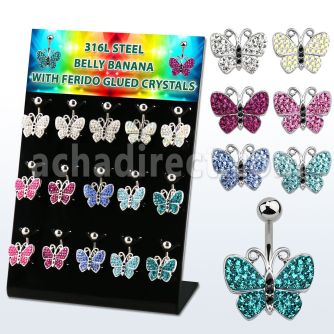 dmix15b display 15 piercings ombligo acero 316l mariposas multi cristal ferido 10mm distribuidor mayorista