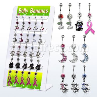 dmix1 display acrilico 25 piercings ombligo acero quirurgico colgantes variados sujetados por goma 10mm distribuidor