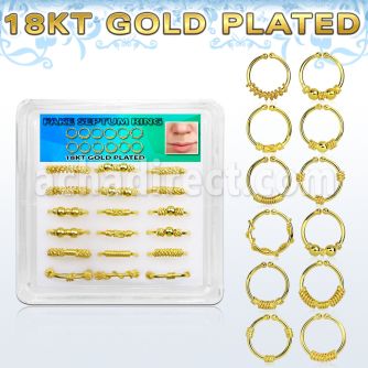 dnsm102 caja 18 aros septum falsos plata esterlina 1mm oro 18 kts disenos variados 12mm al por mayor